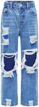 Floerns Girls Elastic Waist Distressed Ripped Straight Leg Denim Jeans Ocean Blue 11-12Y