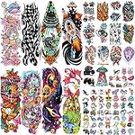 52 Sheets Kids Full Arm Temporary Tattoo, Fake Arm Tattoos Planet Astronaut Spaceship Rocket Dolphin Car Dinosaur Tattoo for Boy, Unicorn Castle Bunny Butterfly Cat Long lasting Tiny Tattoos for Girl