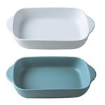 Trifecta Ceramics baking dish Matte-colored rectangular casserole dish with Handle for Oven Ceramic Baking Pan Lasagna Casserole Pan Individual Bakeware 9x5 inch (White And Blue Pack - 2)