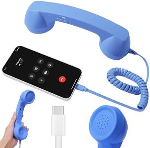 Retro Phone Handset, Type-C Vintage Telephone Receiver, Black (Blue) | Retro Landline Style Handset for Mobile Phone Calls and Meetings For Most Smartphone.