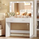FIONESO Makeup Vanity with Power Strip and 2 Large Drawers, Vanity Desk with Large Mirror & 10 Lights, Vanity Table with 3 Color Light Adjustable for Bedroom, White