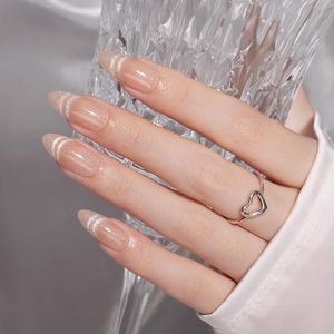 VSALON Press On Nails Almond, 32 Pcs 16 Sizes Cat Eye Press On Nude Neutral Sparkly Semi-Transparent Medium Fake Nails With UV Glue On Nails Kit, Reusable Stick On Nails Summer Gifts For Women