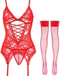 Anyou Womens Lingerie Stretchy Lace Teddy Plus Size Bodysuit Chemise Nightwear with Stockings Size Small Red