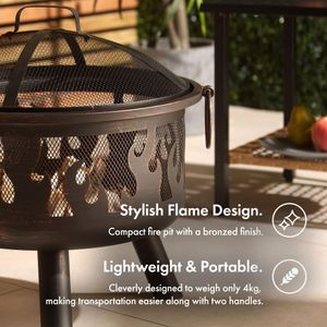 VonHaus Portable Fire Pit – Black Bronzed Steel, Mesh Guard & Poker