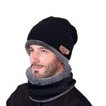 2-Pieces Winter Beanie Hat Scarf Set Warm Knit Hat Thick Fleece Lined Skull Cap for Men Women (Black)