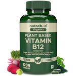 Nutrabud Organics Plant Based Vitamin B12 Supplement for Men, Women - 120 Capsules - 100% RDA of Natural B12 for High Absorption (120 Count (Pack of 1))