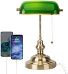 FIRVRE Glass Bankers Desk Lamp with USB Charging Port Classic Green Desk Light with Pull Chain Switch Plug in Fixture for Bedroom Headboard Workplace Office Desk Library