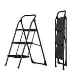 Step Ladder, Stainless steel Safer Folding Step Stool Ladder, Sturdy 330Lbs Load Stylish Step Stools for Adults, Stepladders Step Ladder for Home with Anti-Slip Wide Pedals (Black, Three-step)