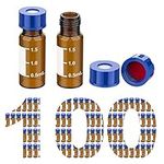 100 Pack Membrane Solutions 2ml HPLC Vials 9-425 Autosampler Vials with Write-on Spot and Graduations Type Threaded Vial and 9mm Blue ABS Screw Caps & Septa, Amber