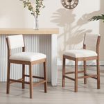 Wahson Mid-century Bar Stools Set of 2 Linen Fabric Upholstered Counter Stools with Wood Legs, Modern Comfortable Padded Counter Chairs for Home Bar, Beige