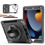 Miesherk Case for iPad 9th Generation 10.2: Military Rugged Protective Shockproof Cover for iPad 10.2 inch 2021 with Apple Pencil Holder - Rotating Stand - Hand & Shoulder Strap - Black