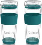 Tupkee Double Wall Glass Tumbler - 14-Ounce, All Glass Reusable Insulated Tea/Coffee Mug & Lid, Hand Blown Glass Travel Mug - Cyan - 2 Pack