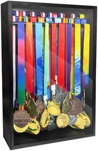 MOCAS Medal Hanger Display Case, Dust-Proof 22"x15" Wall Mount medal holder with 3 Hanging Rods & Trophy Shelf, Holds 60+ Medals, HD Tempered Glass, Solid Wood, for gymanstics,race,soccer,swim