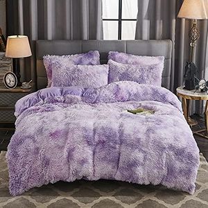 WERDIM Shaggy Fluffy Tie Dye Duvet Cover Set Button Closure Velvety Bedding Set Comforter Cover with Pillowcases Tie Dye Lilac, Queen Size