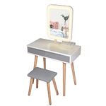 ARTETHYS White Dressing Table Set with LED lights Mirror, Modern Vanity Makeup with 2 Drawers, Cushioned Stool and Free Make-up Organizer, Bedroom Dresser with Adjustable Brightness Mirror(Rectangle)