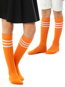 Hugh Ugoli Knee High Socks for Girls, Boys, Natural Premium Cotton Long Tube School Uniform Socks with Stripes, Soft & Comfortable, Pumpkin Orange, 7-8 Years Old, 4 Pairs