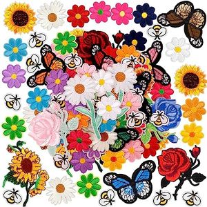 RUITENG 72 Pcs Embroidered Iron On Patches for Clothing, Butterfly Flower Iron On Patches Set, Sunflower Bee Rose Daisy Embroidered Patches, Applique Patches for Clothes, Jackets, Jeans, Backpacks