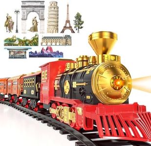 SNAEN Train Sets w/ Steam Locomotive Engine, Cargo Car and Tracks, Battery Powered Play Set Toy w/ Smoke, Light & Sounds, for Kids, Boys & Girls, Red