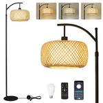 Rayofly Arc Floor Lamp for Living Room, Dimmable Floor Lamps with Remote Control, Boho Rattan Floor Lamps with Bamboo & Fabric Double Shades, Rustic Standing Lamps for Bedroom, Smart LED Bulb Included