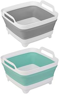 Tiawudi 2 Pack Dishpan for Washing Dishes, Wash Basin with Draining Plug Carry Handles, Collapsible Bucket for Cleaning, Portable Sink, Foldable Plastic Tub, 2.4Gal/9L Each, Green and Grey