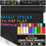 Kassa Chisel and Bullet Dual Tip Marking Pen, Bundle of Liquid Chalk Markers (20 Multi Colors) & Chalkboard Contact Paper Roll (8 Feet w/ 5 Chalks)