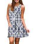 Tanst Sky Shift Dress, African Print Dresses for Women Light Beach Lunch Lounge Clothing Casual Scoop Neck Midi Length with Side Pockets Modest Paisley Print Clothes Daily Wear Attire Navy Blue Small