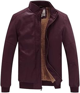 WenVen Men's Stand Collar Fleece Lined Bomber Faux Leather Jacket Red Wine, 3XL