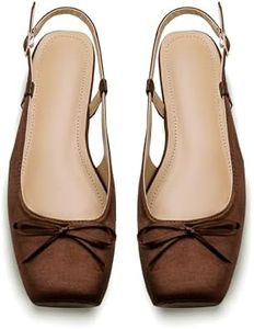 Lhamo Latso Brown Ballet Flats 1 Inch Low Block Heel Comfortable Ballerina Flat Bow Dressy Flats Shoes for Women Slingback Flat Satin 6.5