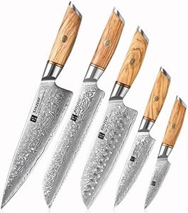 XINZUO 73 Layers Hand Forged Damascus Kitchen Knife Set-5Pcs Professional Chef Knife Set,High Carbon Steel With Natural Olive Wood Handle-Lan Series