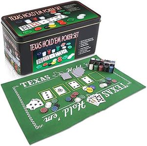 Gamie Texas Holdem Poker Game Set - Includes Hold’em Mat, 2 Card Decks, Chips, Chip Holder and Tin Storage Box - Fun Game Night Supplies - Cool Casino Gift for Kids & Adults