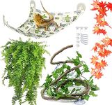 Claymmny 5-in-1 Reptile Terrarium Decoration Set, Bearded Dragon Hammock with Jungle Vines Artificial Plants Leaves Habitat Accessories for Climbing Chameleon Hermit Crab Lizards Gecko(5PCS)