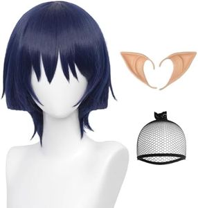 Half and Half Scaramouche Wig Wanderer Wigs with Elf Ears & Hairnet, Short Navy Blue Scaramouche Wanderer Game Anime Cosplay Wig Unisex Synthetic Fiber Wig for Halloween Costumes Party (Scaramouche)