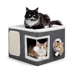 Qpets® Cat Scratcher House - Hideout with Scratching Roof & Hanging Toys, Multi-Entry Playhouse for Indoor Cats, Space-Saving Cardboard Activity Center