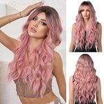OUFEI Ombre Pink Wigs for Women Long Curly Wig with Bangs Synthetic Hair Heat Resistant Wigs for Daily Party Cosplay Wear