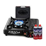 ZORACook Portable Gas Stove, Single Burner, Butane Powered, with Carry Case, Windproof, for Camping, Picnic & Outdoor Cooking (with 2 butane gas)