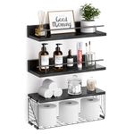 Kowsinde Bathroom Shelves with Wire Storage Basket, Floating Shelves Over Toilet with Protective Metal Guardrail, Wood Wall Mounted Floating Shelves for Bathroom, Living Room, Kitchen and Bedroom