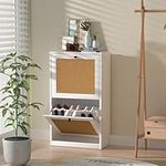 Anmytek Rattan Shoe Cabinet, Entryway Cabinet Wooden Shoe Rack with 2 Flip Drawers, 2-Tier Shoe Storage Cabinet for Entryway Hallway, White