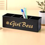 anantam homes quoted desk organizer with 4 compartments for office table | stylish Metal Desk Organizer | Stationary Storage | Pencil Holder for Office, Home, and Study Table (Girl Boss) Black