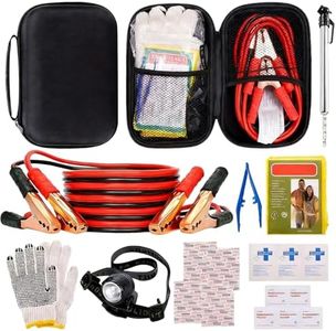 Car Roadside Emergency Kit, Auto Vehicle Truck Safety Emergency Road Side Assistance Kits with Jumper Cables,Safety Hammer,Reflective Warning Triangle,Tire Pressure Gauge,etc for Women, Men, Teenagers