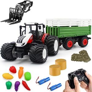 fisca Remote Control Tractor Toy RC Farm Tractor Set with Trailer Front Forklift, 1/24 Scale 2.4Ghz Electronic Tractor Farm Truck Vehicle Toy with Light for Kids Age 5, 6, 7, 8, 9 and Up Years Old