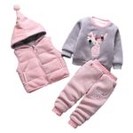 Bold N Elegant 3D Fur Reindeer Cartoon Thick Winter Warm T-shirt Pant with Hood Jacket 3 Pc Clothing Set for Infant Toddler Kids (2-3 Years, Pink)