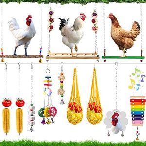 Hipykat 13pcs Chicken Toys for Coop Accessories - Chicken Xylophone Toy, Chicken Mirror, Chicken Ladder Bridge, Coop Swing, Vegetable Hanging Chicken Feeder, Chewing Foraging Toys, Gifts for Hens