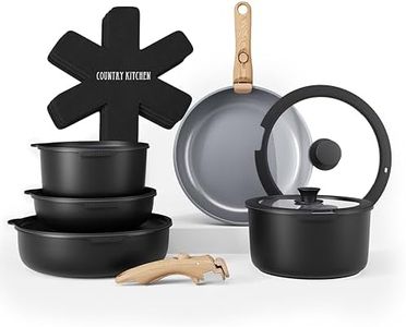 Country Kitchen 16 Piece Pots and Pans Set - Safe Nonstick Kitchen Cookware with Soft Touch Wooden Removable Handle, RV Cookware Set, Oven Safe (Black)