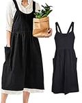 Small snail Women Apron Japanese Style X Shape Cotton Aprons Halter Cross Back Bandage with Big Pockets Solid Color Literature Art Casual Bib for Cooking Chef Cafe Flower Shop Black