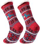 CAPICHINO Caichino Women Men Sherpa Lining Fuzzy Slipper Socks, Winter Crochet Christmas Thermal Slipper Sock with Silicone Grippers- Red (Pack of 1 Free Size)
