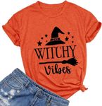 Witch Halloween Witchy Vibes Shirt for Women Magic Shirt Gothic Letter Print Tees Vintage Graphic Loose Fit Fall Basic Top,Orange L