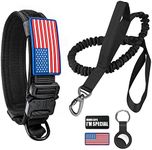 Tactical Dog Collar and Bungee Leash,Military Dog Collar & Leash Set with USA American Flag Adjustable K9 Collar with Heavy Duty Metal Buckle & Handle,with Patches and Airtags Case (L, Black)