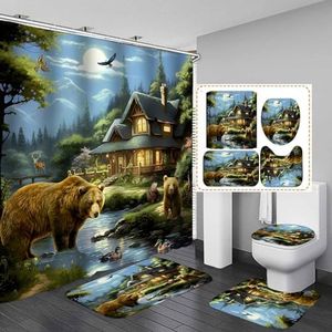 Camille&Andrew 4PCS Bear Shower Curtain Set, Deer Squirrel Mallard Duck Wildlife Hunting Lodge Forest Country Rustic Farmhouse Cabin Bathroom Decor, Waterproof Fabric Shower Curtain, Non-slip Bath Mat