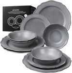 Navaris Scandi Style Porcelain Dinnerware Set - Ceramic Crockery Sets for 4 - Stackable Dishes with Dinner and Salad Plates Cereal Bowls - Dishwasher & Microwave Safe - 12pcs Grey