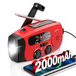 Wind Up Solar Radio, Emergency Radio, Portable Hand Crank Radio, AM/FM Radio with LED Torch, 2000mAh Rechargeable Power Bank, SOS Alarm, USB Phone Charger, Emergency Use for Camping Hiking (Red)